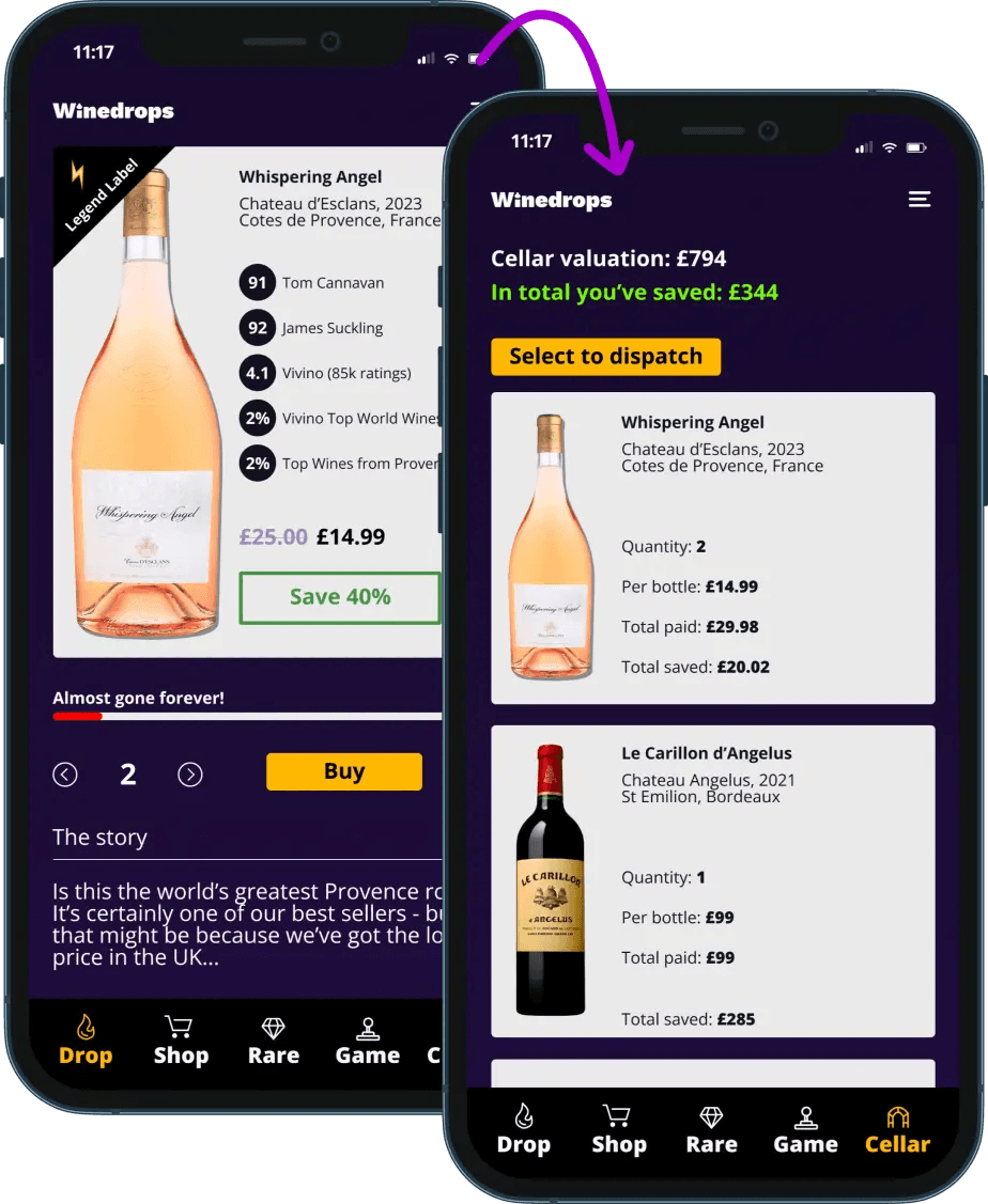 Winedrops app showing wine deals and cellar management